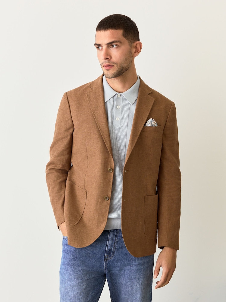 Tobacco Regular Fit Textured Linen Blend Blazer - Image 1 of 13