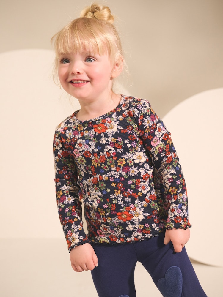 Navy Floral Rib Long Sleeve T-Shirt (3mths-7yrs) - Image 1 of 3