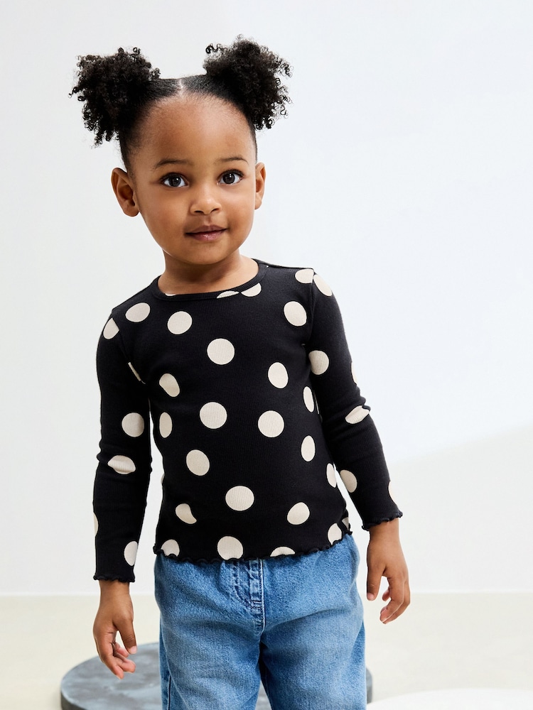 Negro/lunares blancos - Camiseta de manga larga con canalé (3 meses-7 años) - Imagen 1 de 7