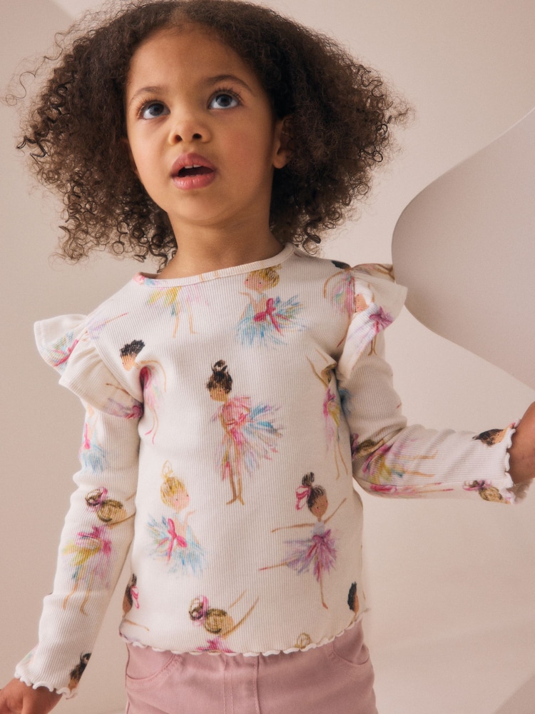 Ecru Ribbed Long Sleeve Frill T-Shirt (3mths-7yrs) - Image 1 of 7