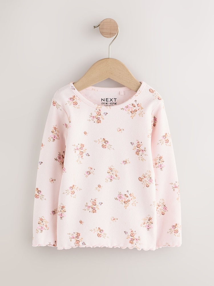 Ecru & Pink Ditsy Floral - Camiseta de manga larga con canalé (3 meses-7 años) - Imagen 1 de 5