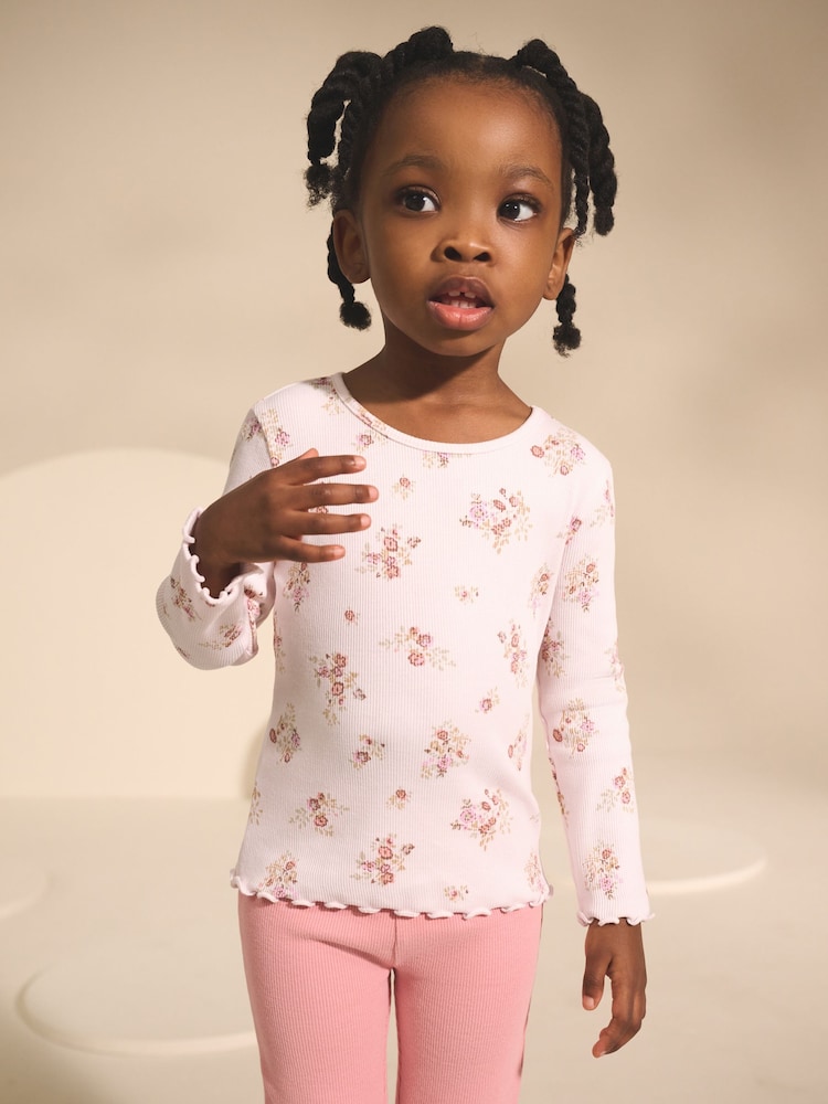 Ecru & Pink Ditsy Floral Rib Long Sleeve T-Shirt (3mths-7yrs) - Image 1 of 8 Ecru & Pink Ditsy Floral Rib Long Sleeve T-Shirt (3mths-7yrs) - Image 1 of 8