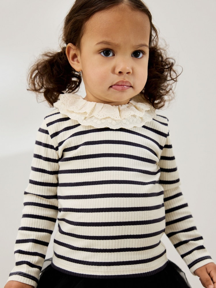 Black and White Stripe Long Sleeve Collar Top (3mths-7yrs) - Image 1 of 8