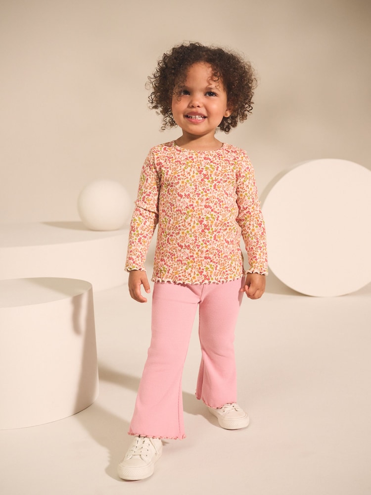 Orange Ditsy Floral Ribbed Long Sleeve Frill T-Shirt (3mths-7yrs) - Image 2 of 9