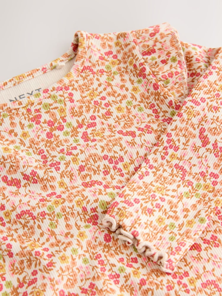 Orange Ditsy Floral Ribbed Long Sleeve Frill T-Shirt (3mths-7yrs) - Image 9 of 9