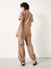 Hush Brown Cargo Short Sleeve 100% Cotton Jumpsuit - Image 3 of 4
