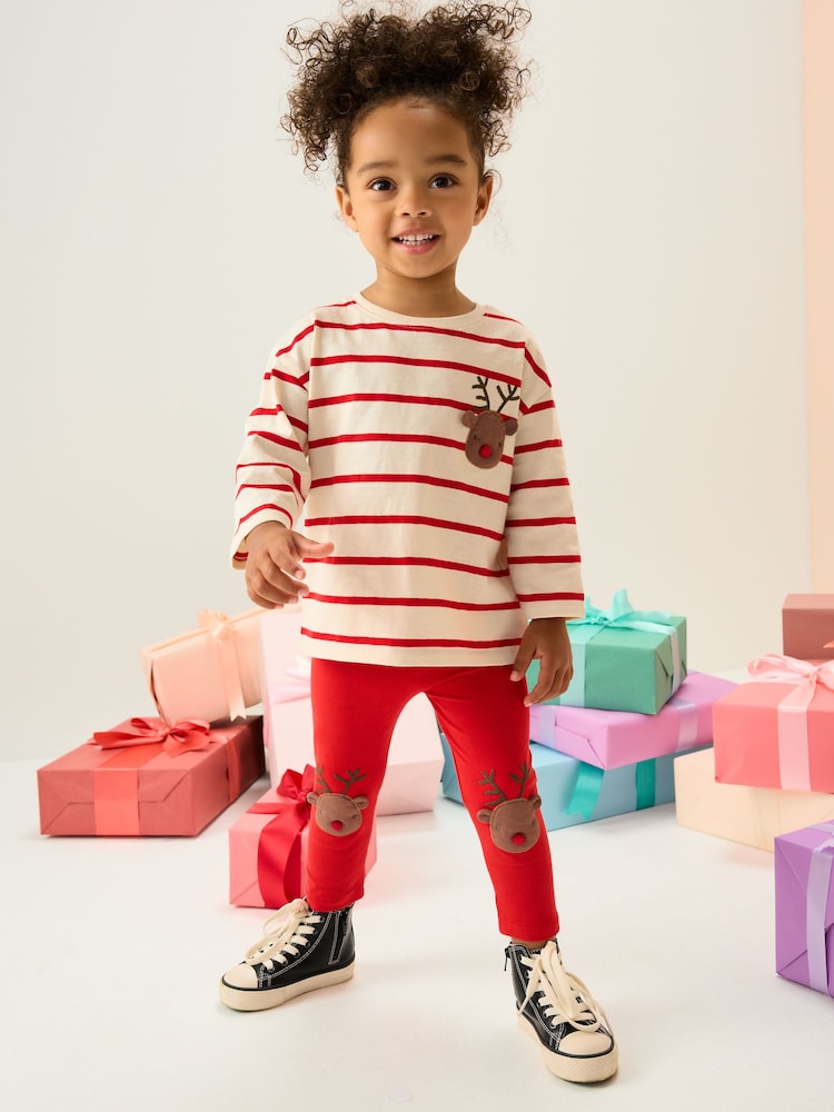 Red Stripe Reindeer and Santa Print Appliqué Long Sleeve Top (3mths-7yrs) - Image 2 of 13 Red Stripe Reindeer and Santa Print Appliqué Long Sleeve Top (3mths-7yrs) - Image 2 of 13