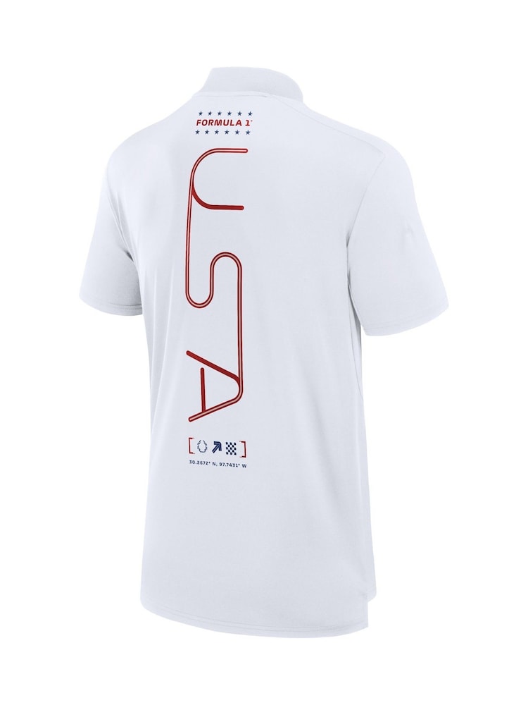 Fanatics F1 Formula 1 USA Grand Prix Tech White Polo Shirt - Image 2 of 2 Fanatics F1 Formula 1 USA Grand Prix Tech White Polo Shirt - Image 2 of 2