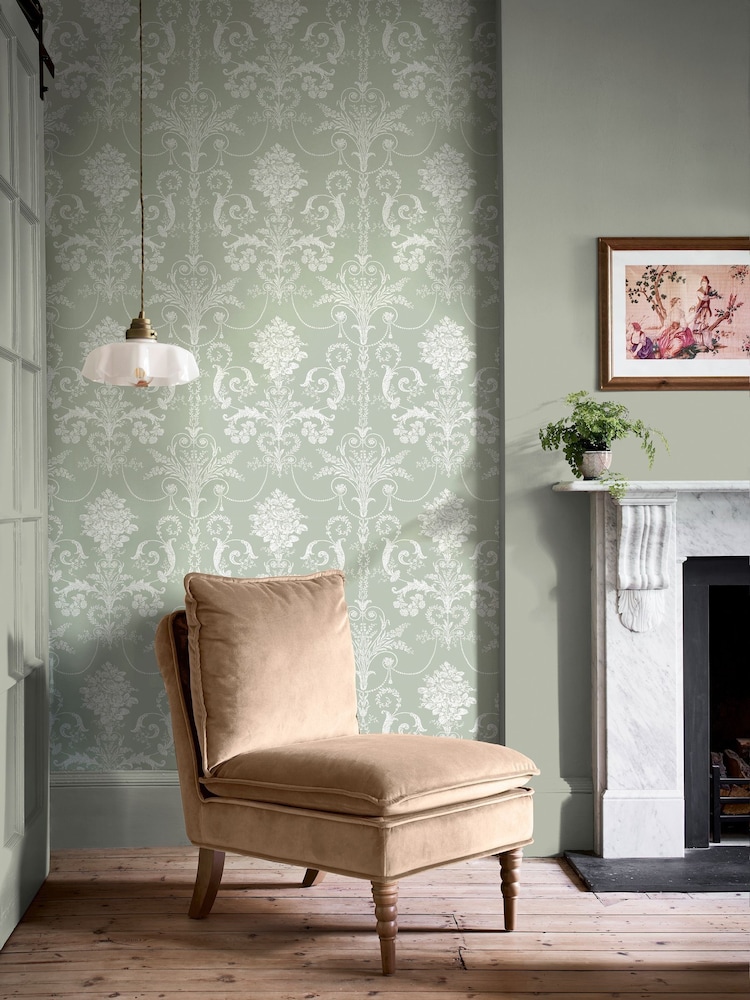 Laura Ashley Sage Green Josette A4 Wallpaper Sample - Image 1 of 4