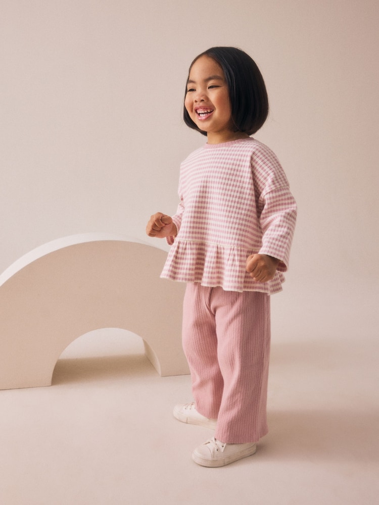 Pink Ribbed Long Sleeve Top and Wide Leg Trousers Set (3mths-7yrs) - Image 1 of 4