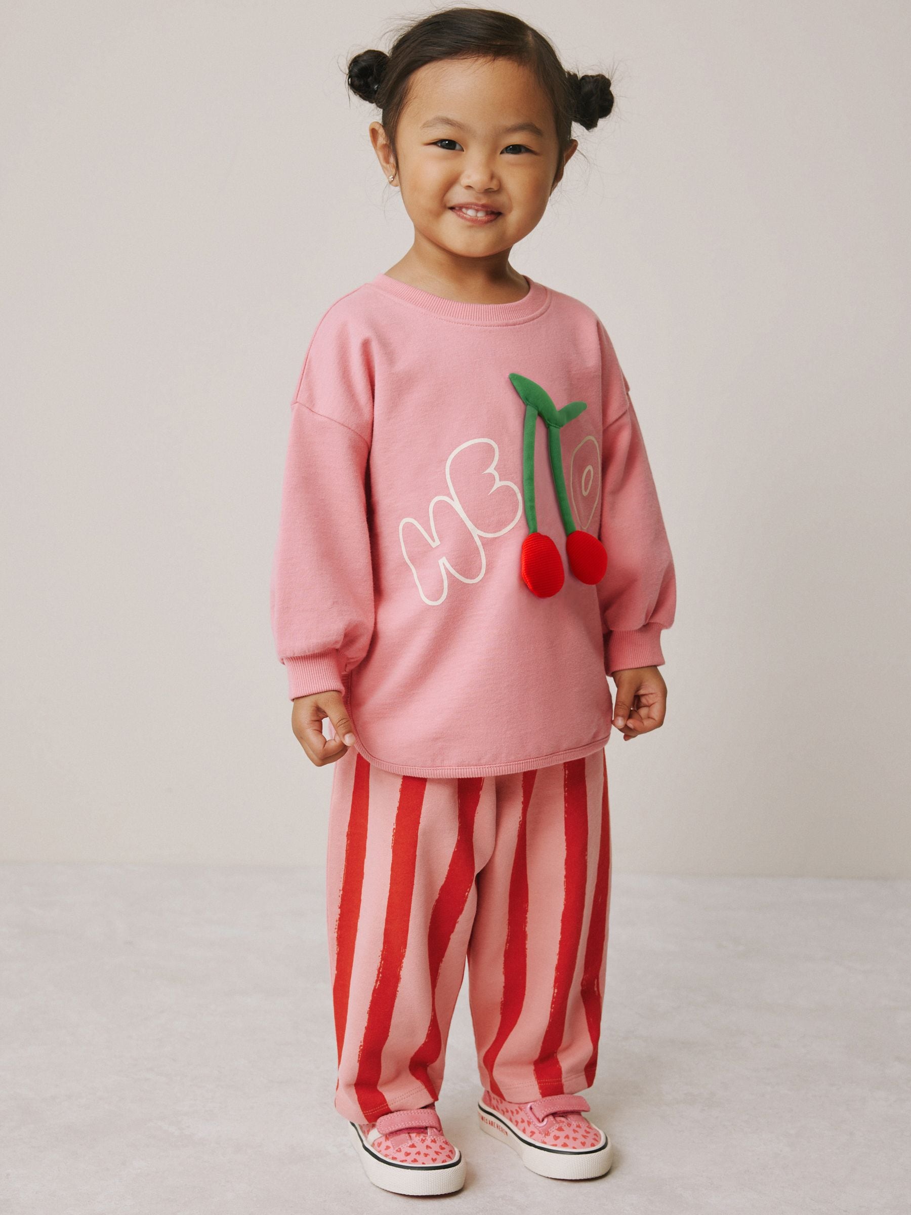 Buy Pink Padded Cherry Long Sleeve Top and Barrel Trousers Set