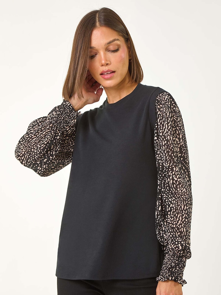 Roman Black 2-In-1 Print Mesh Sleeve Top - Image 1 of 5