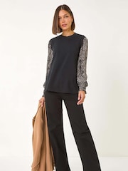 Roman Black 2-In-1 Print Mesh Sleeve Top - Image 2 of 5