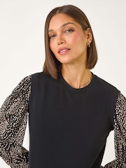 Roman Black 2-In-1 Print Mesh Sleeve Top - Image 4 of 5