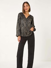 Roman Black Animal Print Shimmer Blouse - Image 2 of 5
