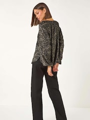 Roman Black Animal Print Shimmer Blouse - Image 3 of 5