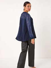 Blue - Roman Sequin Embellished Detail Blouse - Image 2 of 5