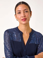 Blue - Roman Sequin Embellished Detail Blouse - Image 4 of 5