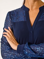 Blue - Roman Sequin Embellished Detail Blouse - Image 5 of 5