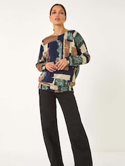 Roman Brown Absract Print Banded Hem Stretch Top - Image 2 of 5