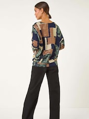 Roman Brown Absract Print Banded Hem Stretch Top - Image 3 of 5