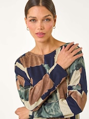Roman Brown Absract Print Banded Hem Stretch Top - Image 4 of 5