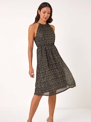 Roman Metallic Blouson Halter Neck Stretch Midi Dress - Image 1 of 5