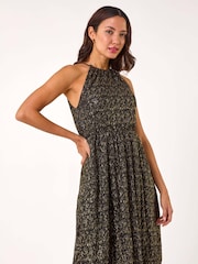 Roman Metallic Blouson Halter Neck Stretch Midi Dress - Image 2 of 5