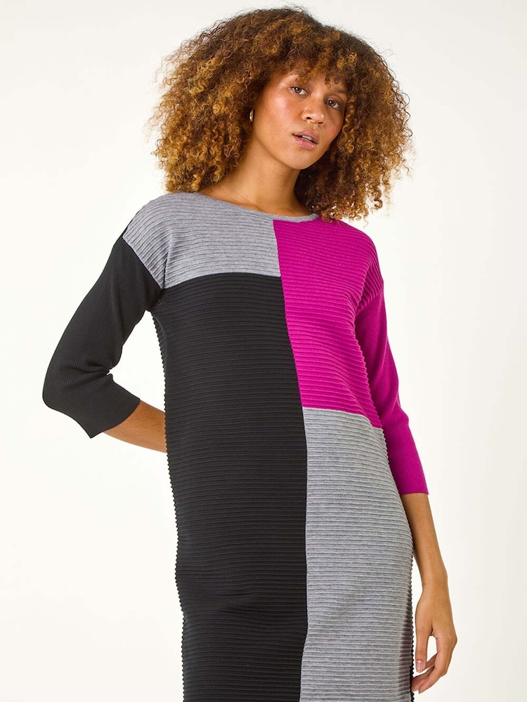 Roman Pink Colour Block Ribbed Knit Dress - Image 1 of 5