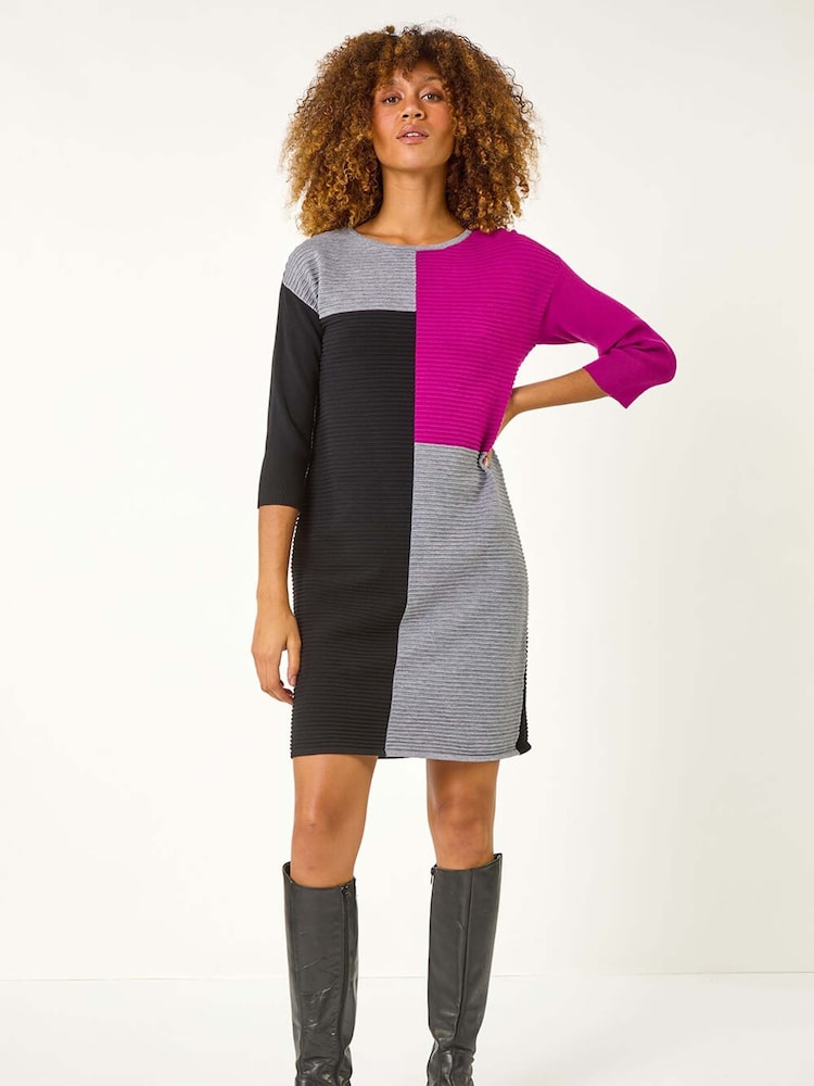 Roman Pink Colour Block Ribbed Knit Dress - Image 3 of 5