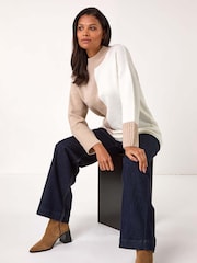 Roman White Contrast Colour Block Knit Jumper - Image 1 of 5