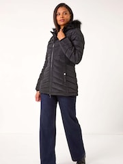 Roman Black Faux Fur Hooded Quilt Coat - Image 2 of 5