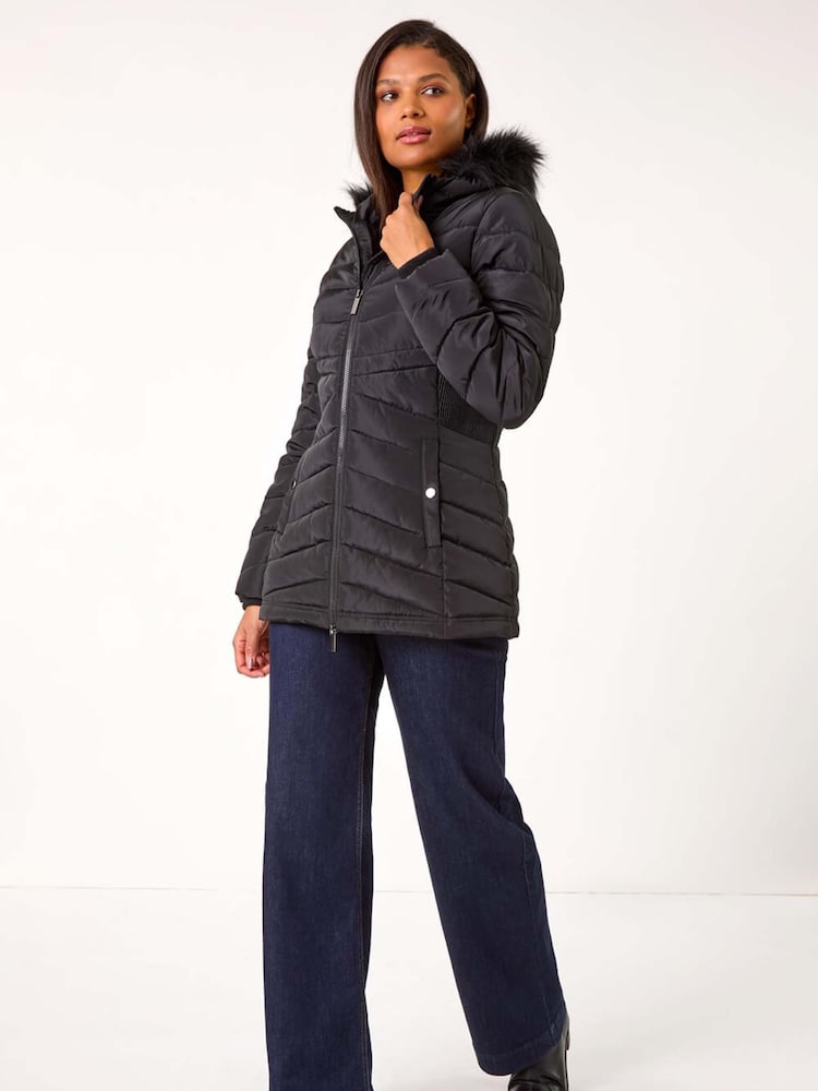 Roman Black Faux Fur Hooded Quilt Coat - Image 2 of 5