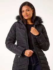 Roman Black Faux Fur Hooded Quilt Coat - Image 4 of 5