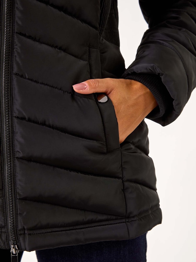 Roman Black Faux Fur Hooded Quilt Coat - Image 5 of 5