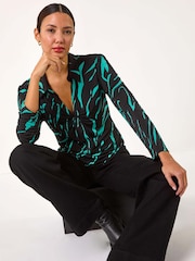 Roman Blue Abstract Linear Print Stretch Blouse - Image 1 of 5
