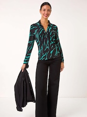 Roman Blue Abstract Linear Print Stretch Blouse - Image 2 of 5