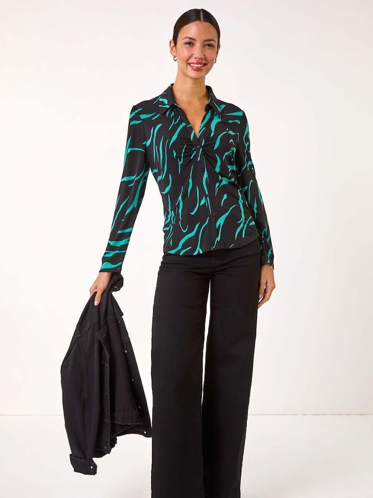 Roman Blue Abstract Linear Print Stretch Blouse - Image 2 of 5