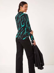 Roman Blue Abstract Linear Print Stretch Blouse - Image 3 of 5