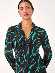 Roman Blue Abstract Linear Print Stretch Blouse - Image 4 of 5