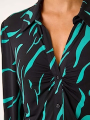 Roman Blue Abstract Linear Print Stretch Blouse - Image 5 of 5