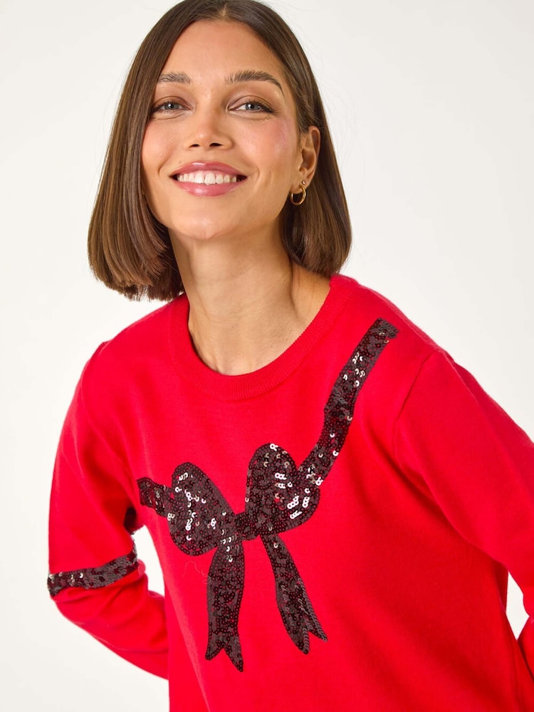 Rot - Roman Bow Sequin Detail Knit Jumper - Bild 1 von 5 Rot - Roman Bow Sequin Detail Knit Jumper - Bild 1 von 5