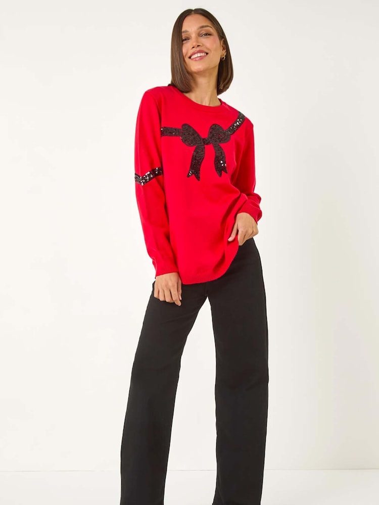 Rot - Roman Bow Sequin Detail Knit Jumper - Bild 2 von 5 Rot - Roman Bow Sequin Detail Knit Jumper - Bild 2 von 5