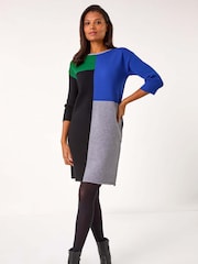 Roman Blue Colour Block Ribbed Knit Dress - Image 1 of 5