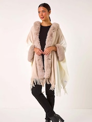 Roman Natural Faux Fur Fringe Hem Poncho - Image 1 of 5