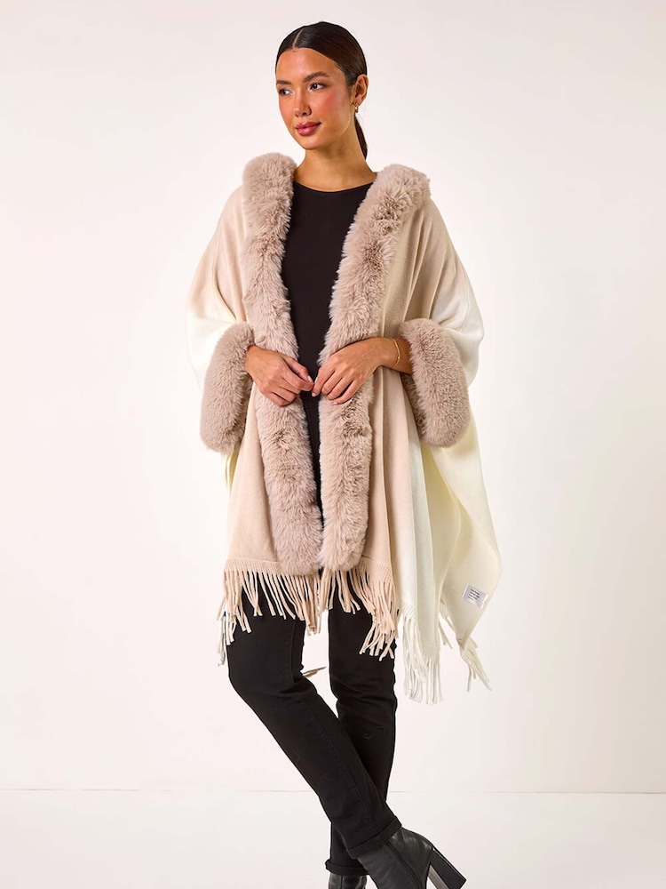 Roman Natural Faux Fur Fringe Hem Poncho - Image 1 of 5