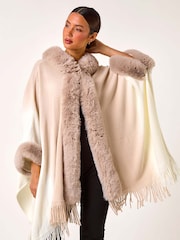 Roman Natural Faux Fur Fringe Hem Poncho - Image 3 of 5