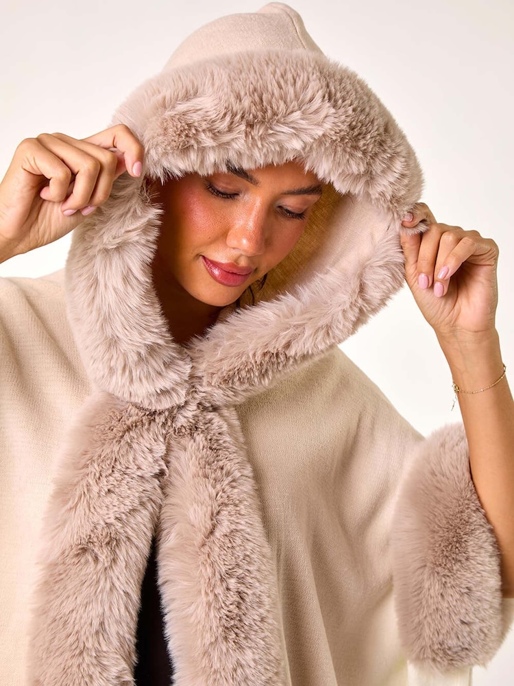 Roman Natural Faux Fur Fringe Hem Poncho - Image 5 of 5