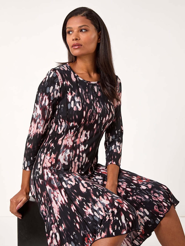 Roman Brown Abstract Spot Print Stretch Midi Dress - Image 1 of 5