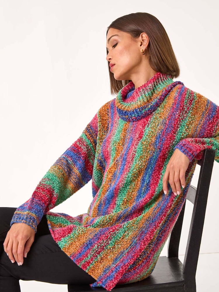Roman Green Boucle Stripe Cowl Neck Jumper - Image 1 of 5 Roman Green Boucle Stripe Cowl Neck Jumper - Image 1 of 5